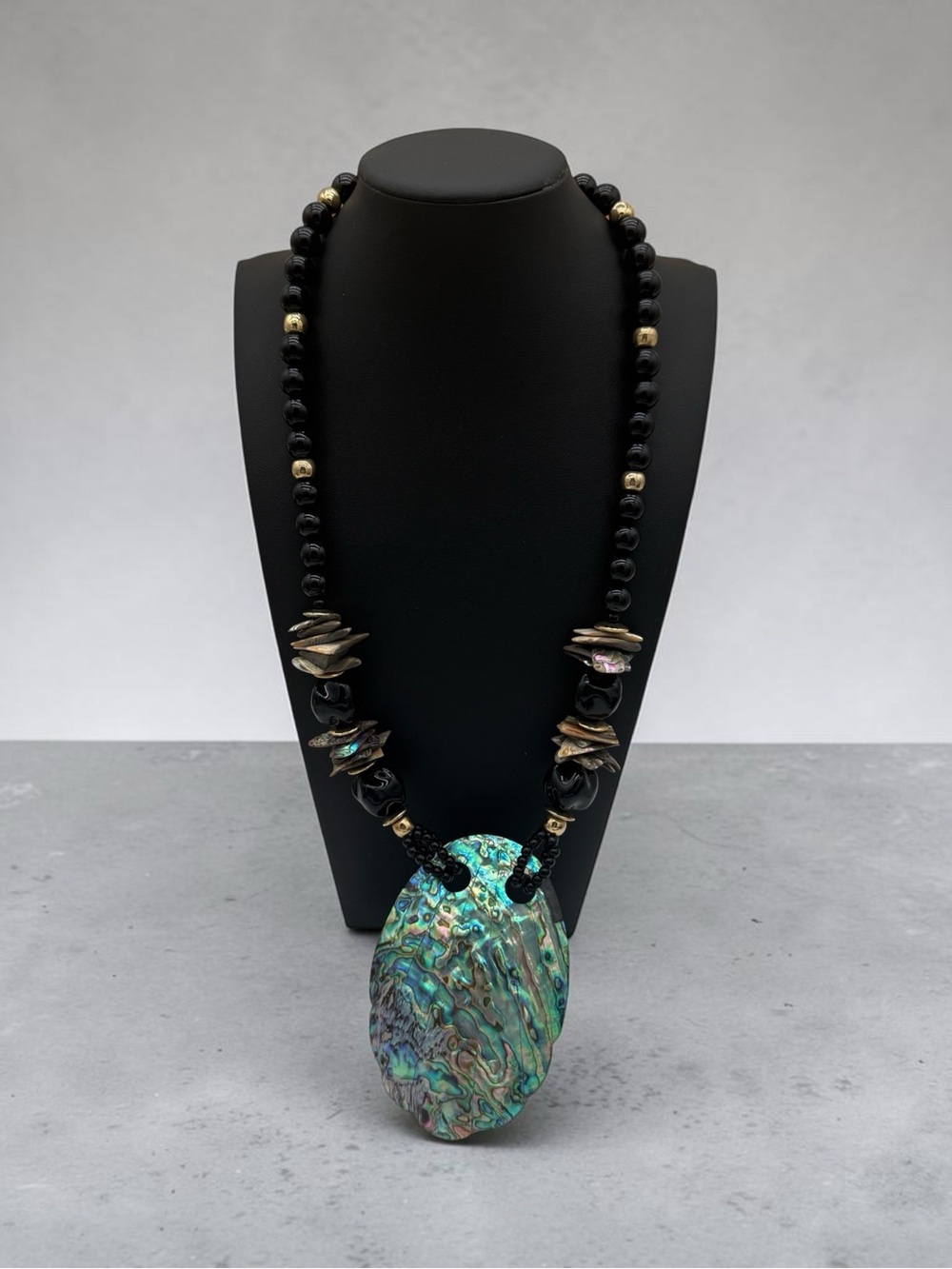 Vintage XL Abalone Pendant Necklace on Black and Gold Beaded Strand